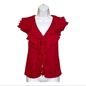 Ralph Lauren Rugby Red 100% Silk Blouse Ruffle Collar Sleeveless Button Up Sz 0